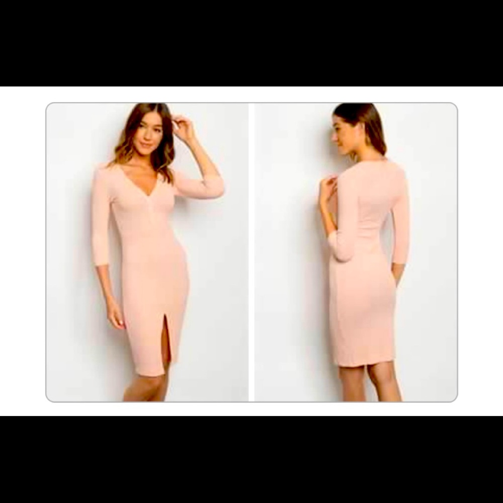 3/4 sleeve V-neck front slit ribbed bodycon dress